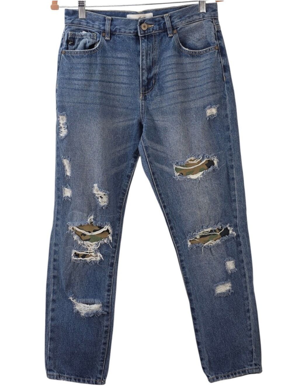 KanCan Distressed Camo Patch Jeans Y2K Straight Leg Medium Wash